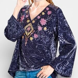 Oddi | Boho Purple Crushed Velvet Embroidered Top Flare Sleeves Hippiecore Small